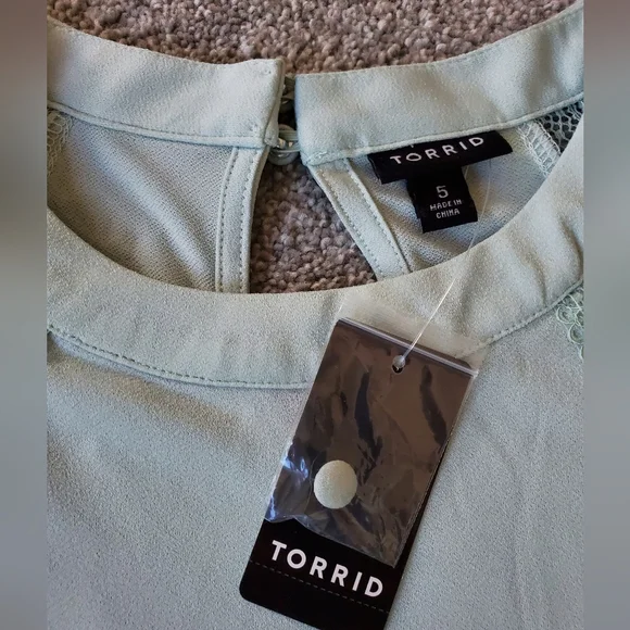Torrid plus lace shoulders mock neck jersey knit top, 5X, mint blue/ aqua - Picture 9 of 13